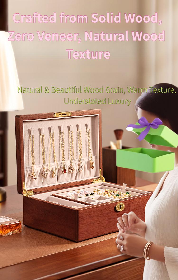Solid wood embedded double-layer home jewelry box, desktop earring and ring storage box, flip-top lockable accessory storage box