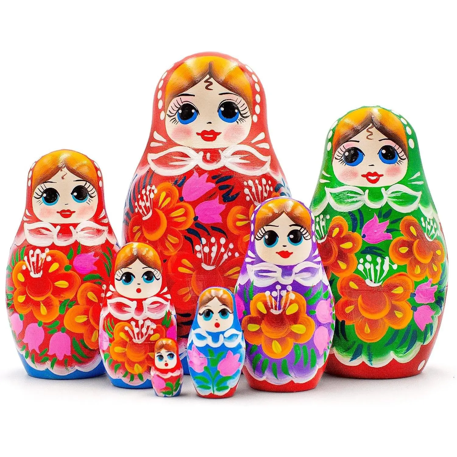 Nesting Dolls Set of 7 pcs - Classic Russian Matryoshka Dolls in Sarafan Dress with Bouquet of Bellflowers and Lilies, Flower Decorated Handmade Nesting Dolls for Home Decor Collection Gift