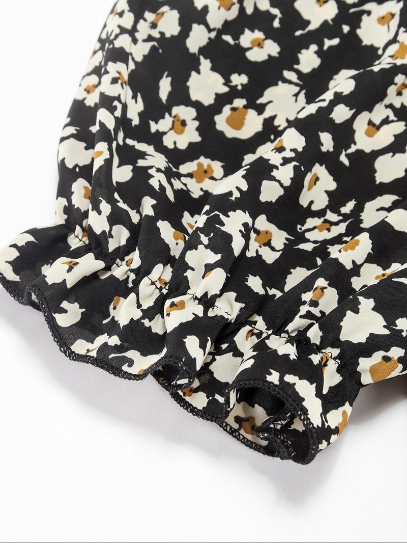 【Plus Size】 Floral Print Frill Trim A Line Dress, Boho Puff Sleeve Shirred Dress for Beach Holiday Vacation, Women's Clothes for Summer