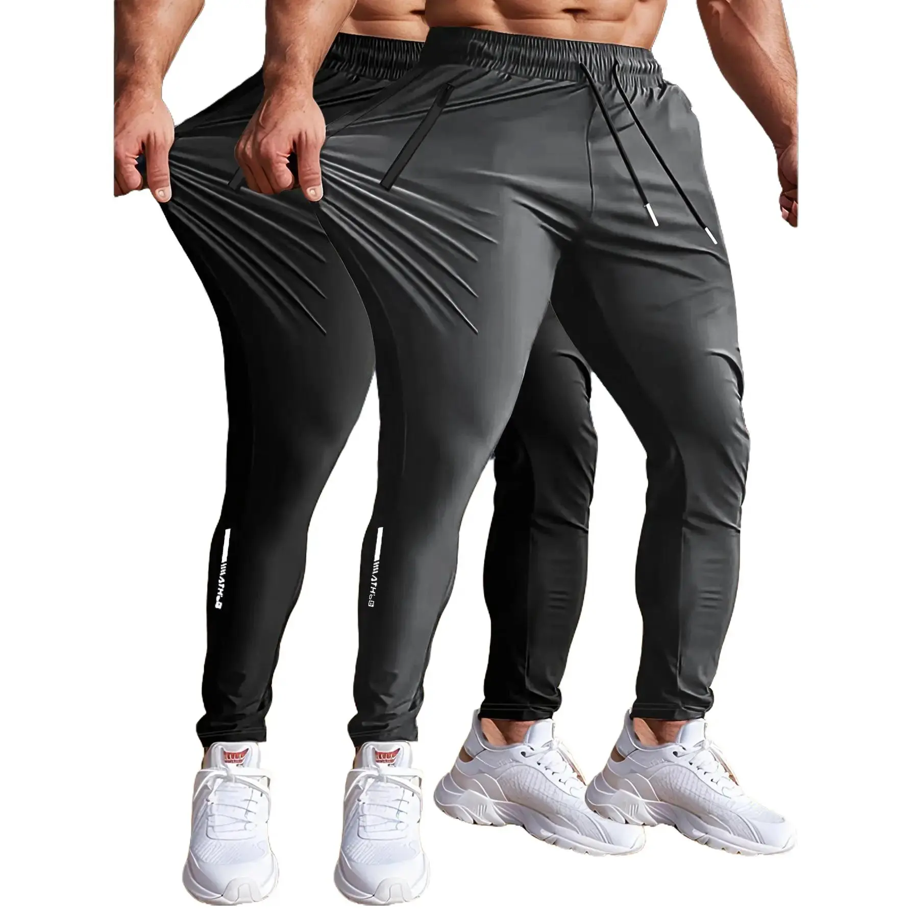 2-Pack Men's Performance Ice Silk Joggers - 3/4 Length Quick-Dry Training Pants with Zippered Pockets | All-Season Breathable Fabric for Golf, Running & Gym | Elastic Waist & Machine Washable
