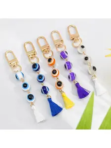 16pcs Macaron Evil Eye Bead Keychain, Color-block Tassel, Cute Viral Girls Backpack Decor