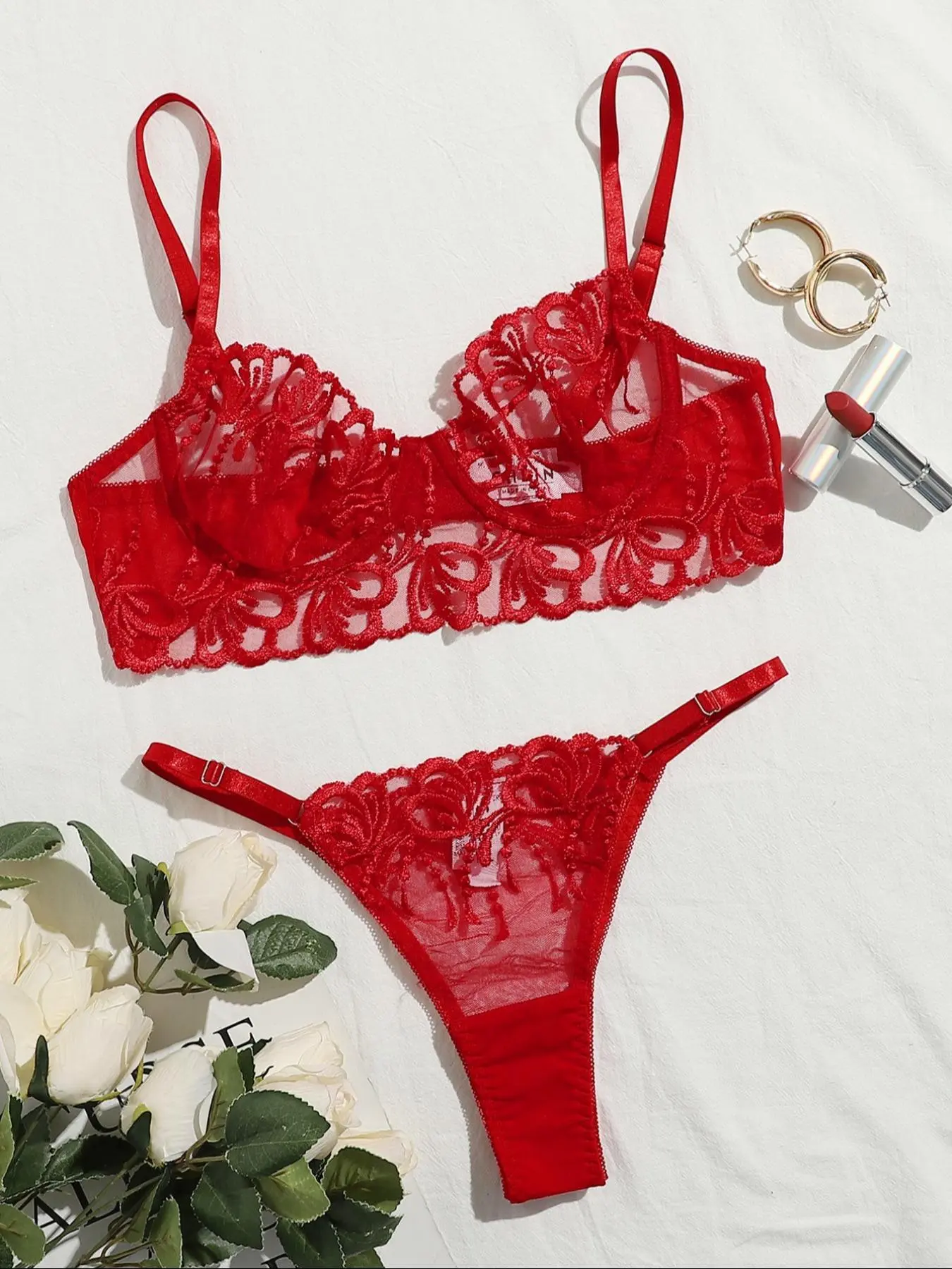 Women's  Sheer Mesh Underwire Bra & Panty Matching Set, Sexy Comfy Breathable Lingerie Set for Daily Wear, Women's Underwear Set for All Seasons Bra Sets estilo under chica under lenceria sexi mujer