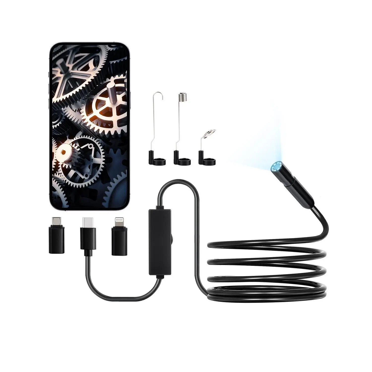 【Summerfinds】VEVOR SM7 Snake Endoscope Camera with Light, 1920P HD, 10 ft/3 m Semi-Rigid Cable, 8 LED Lights, 2X Zoom, IP67 Rated, Side Mirror Compatible, Cables + App Support for Android iOS, Tight Spaces Auto/Plumbing Inspection, 118x0.7x0.4 in