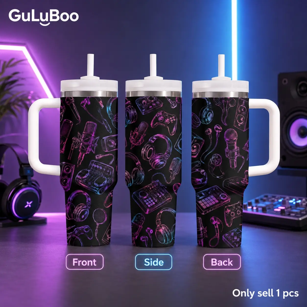 GuLuBoo Neon Retro Gaming & Audio Gear Vacuum Flasks 40oz Stainless Steel Tumbler With Handle & Straw – Vacuum Insulated Travel Mug, Keeps Drinks Cold Up To 24H, Leak-Resistant Cup For Iced Coffee, Water, Gym, Office & Travel