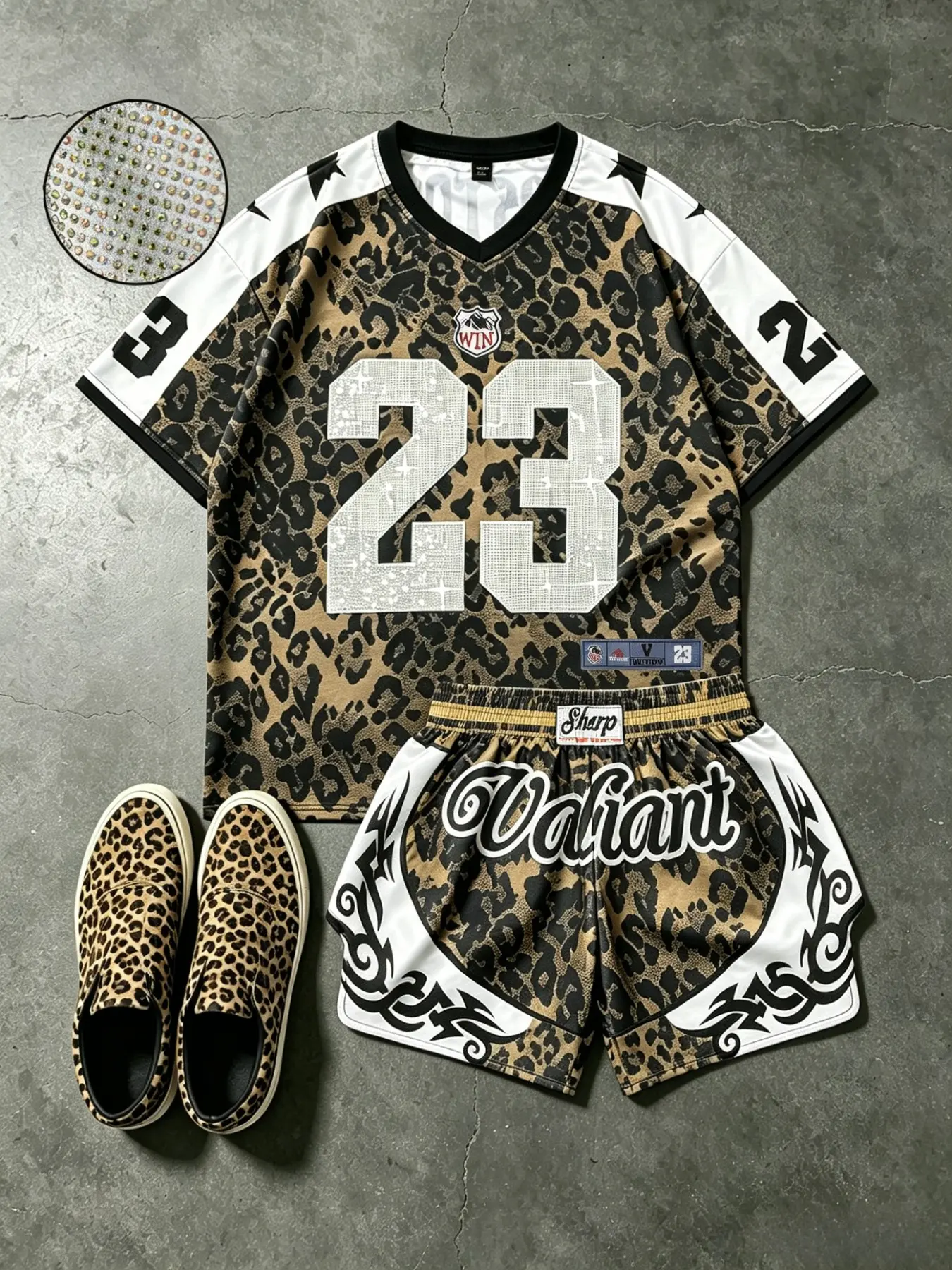 Men's Leopard Print Basketball Set, V-Neck Rhinestone 23 Star Trim Short Sleeve Top + Tribal Valiant Print Elastic Waist Shorts, Millennial Hip-Hop Streetwear, Sports Set