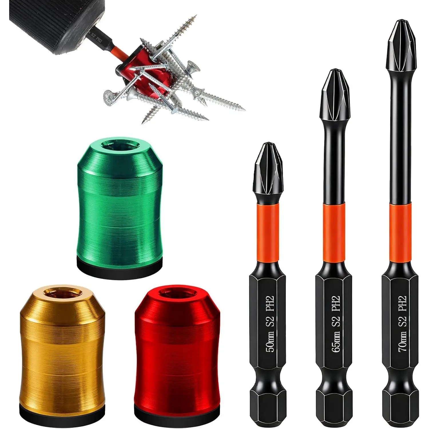 6Pcs Magnetic Anti-Slip Screw Ring Set - PH2 Screwdriver Bit, Removable Bits-Rings Holder, Reversible Hexagonal Socket Screwdriver Compatibility, for Mechanics’ Car Repair & Home Repairs Hand Tools