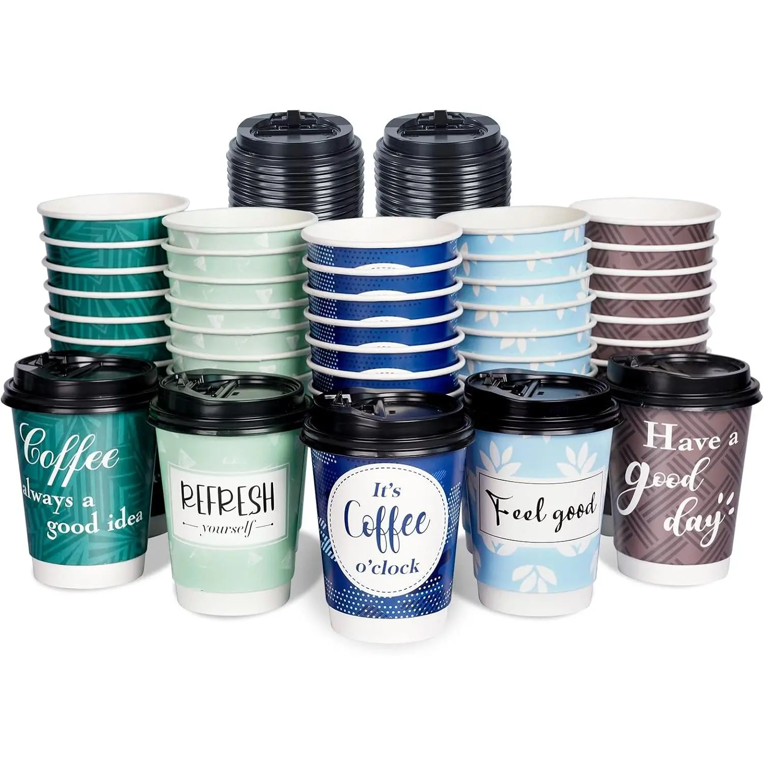 Disposable Coffee Cups with  12 oz, 50 Pack Double-Walled Paper Coffee Cups with Fun Designs, Insulated Hot Beverage Paper Cups for Cold & Hot Drinks