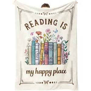 1Pc Cozy Flannel Book Lover'S Blanket With "Reading Is My Happy Place" Design – Perfect Gift For Readers, Featuring Bookshelf & Floral Patterns, Ideal For Birthdays, Christmas, And All Seasons, Book Lover Gifts