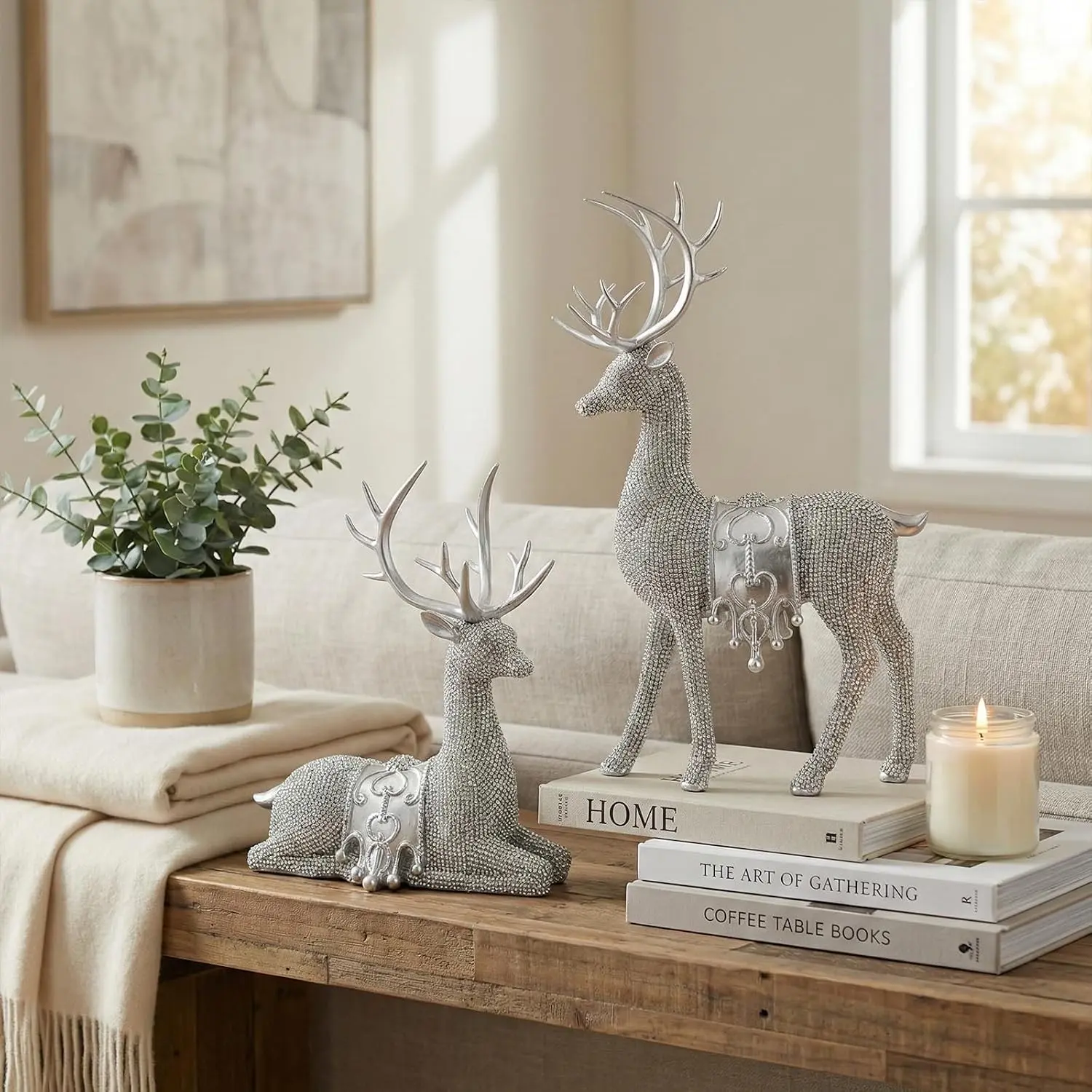 Set of 2 Modern Deer Statues for Home Decor, Handcrafted Resin Elk Sculptures with Intricate Beaded Texture, Elegant Animal Figurines for Living Room, Bookshelf, Office & Housewarming Gift