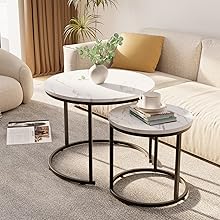 Round Nesting Coffee Table Side Table Set of 2 End Tables for Living Room Bedroom Balcony, White Faux Marble Wooden Table Accent Coffee Table with Black Steel Frame Round Nesting Coffee Table Side Table Set of 2 End Tables for Living Room Bedroom Balcony, White Faux Marble Wooden Table Accent Coffee Table with Black Steel Frame