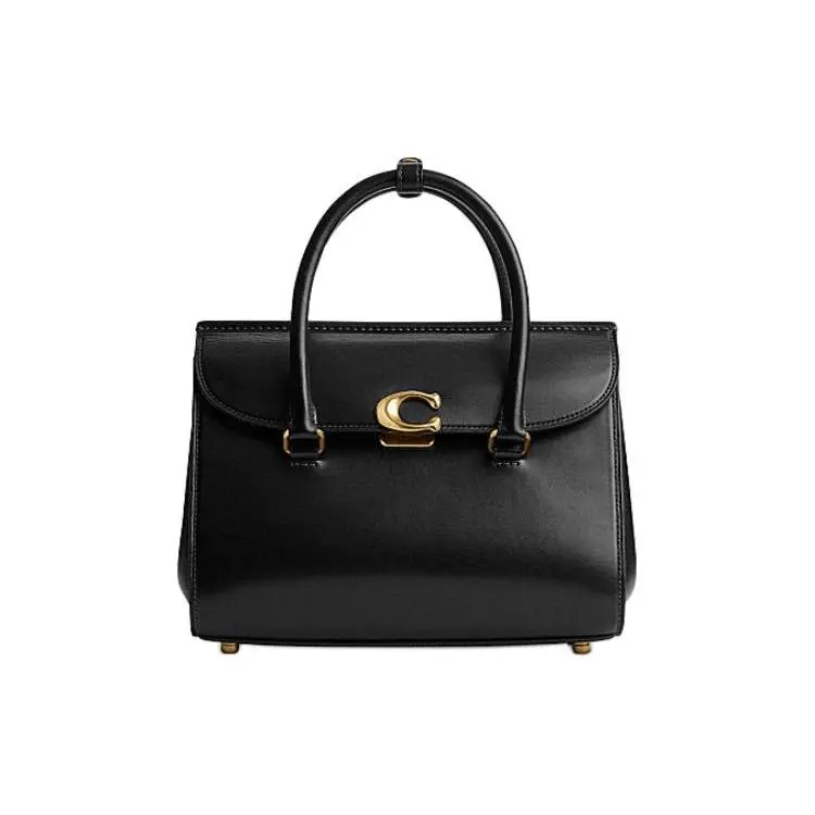 Coach 26-Inch Leather Briefcase Handbag for Women, Minimalist Style with Logo Snap Closure, Black