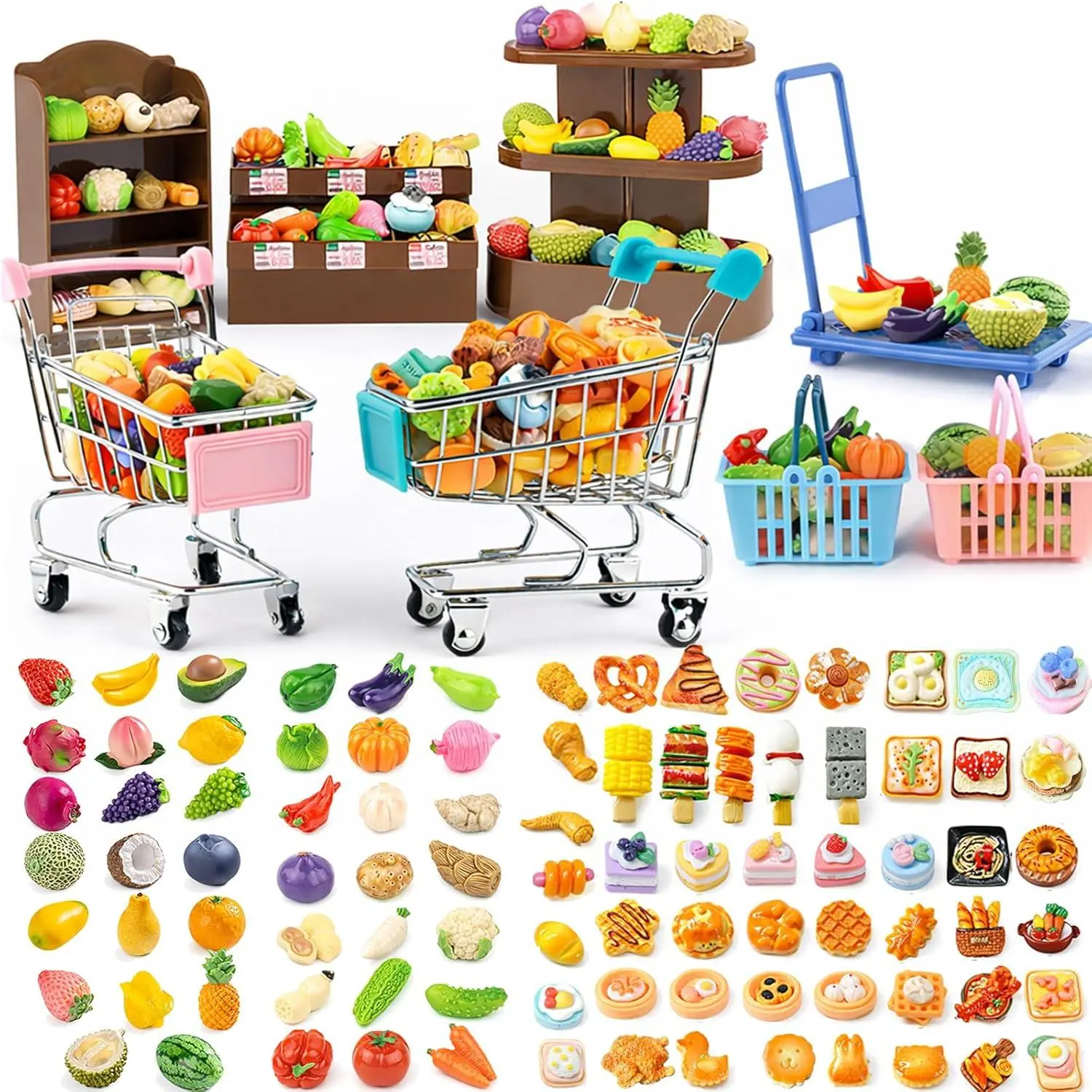 Mini Shopping Cart Basket, Miniature Grocery Toys 3 Supermarket Shelves Play Store 100+ Fruit Vegetable Cake Bread Mini Food Miniature Dollhouse Accessories with Push Cartfidget toys
