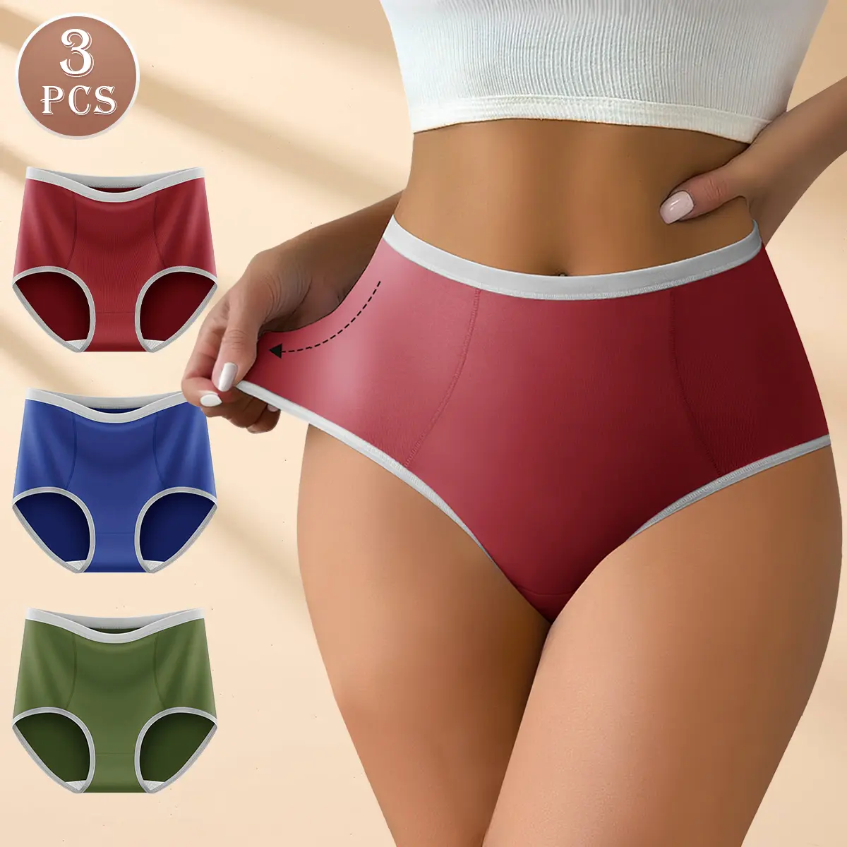 3 Pieces Gray-Trim High-Waisted Briefs, Full-Coverage Stretch Panties for Daily Wear, Back-to-College Essentials
