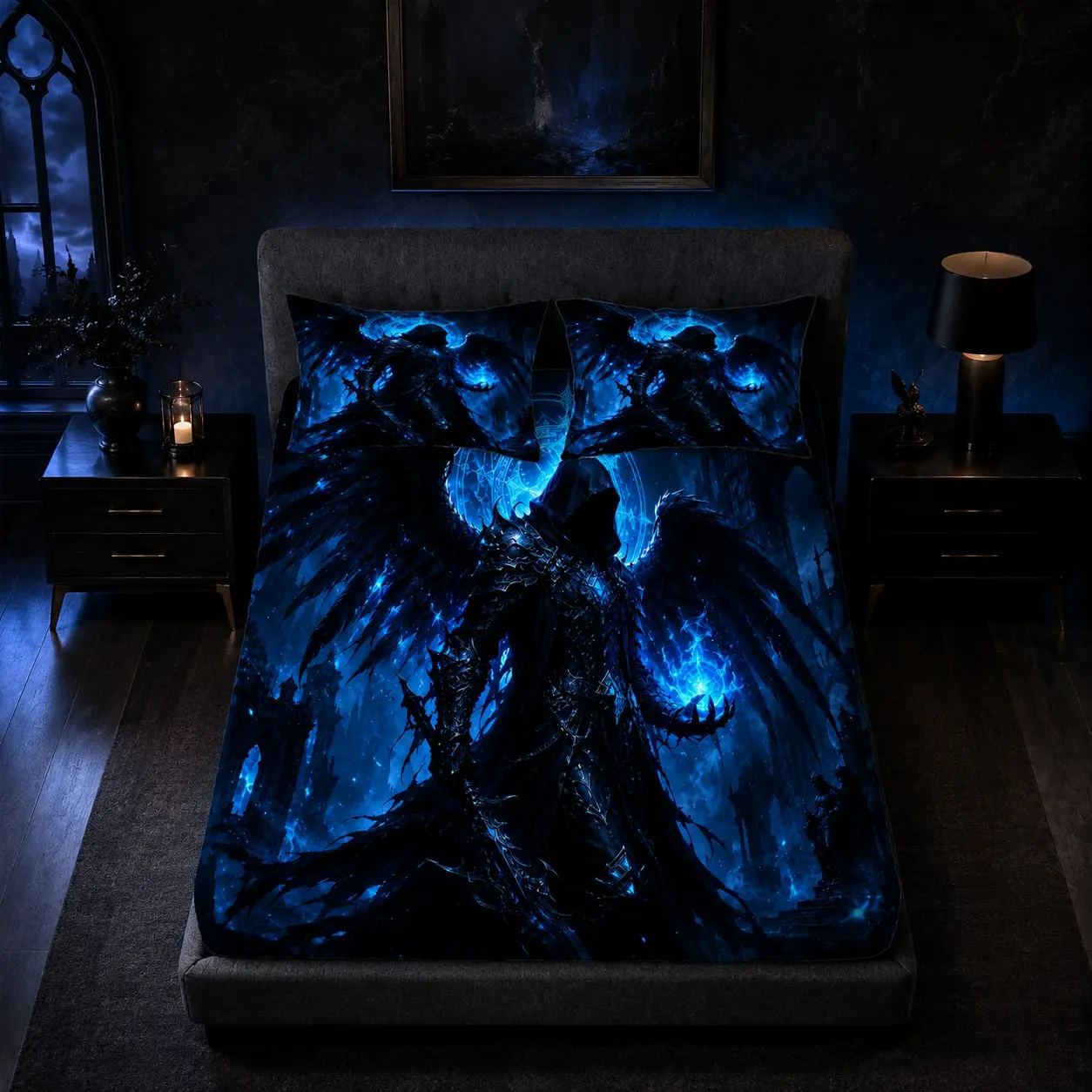 Dark Gothic Winged Reaper 3-Piece Fitted Sheet Set, Bedding Sheets, 1 Fitted Sheet + 2 Pillowcases (No Inserts), Breathable Deep Pocket Design, Fits Twin, Full, Queen & King Beds, Decor Gift for Bedrooms, Guest Rooms, Apartments & Dorms