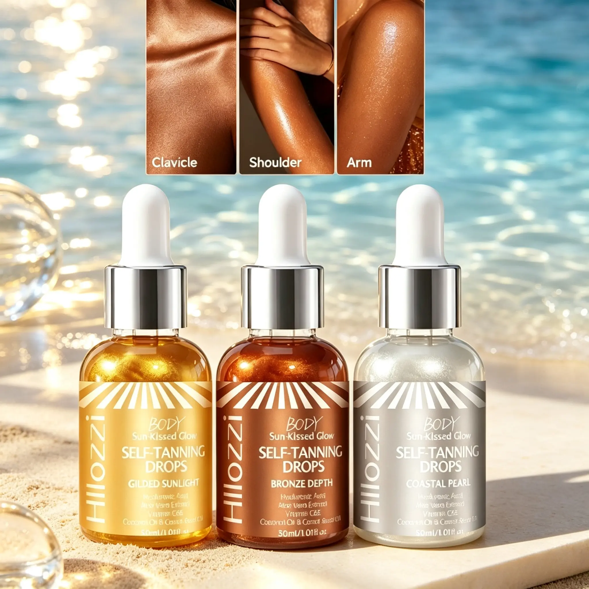 Sunless bronze tanning serum with dropper control for gradual color, hydrating aloe and coconut oil soothe dry skin. Safe for full body and face, buildable natural tan for daily home use and beach vacation glow.