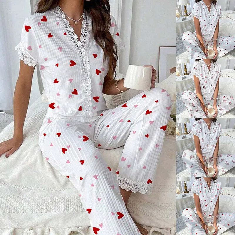 Women's 2-Piece Flowers Print Pajama Set, Sleepwear & Loungewear Short-sleeve Pajamas Sets