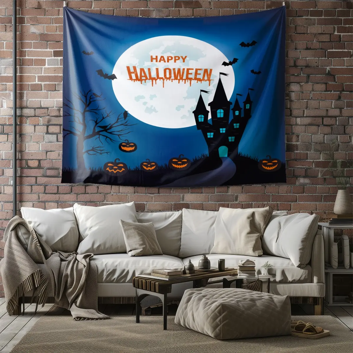 Halloween Castle Tapestry, Full Moon Pumpkin Bat Dead Tree Spooky Print Wall Hanging, 100% Polyester HD Fadeless Machine Washable Backdrop, Bedroom Living Room Halloween Home Party Decor