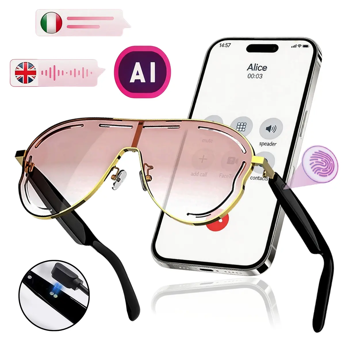 Smart Audio Glasses with AI Translation, Bluetooth Open-Ear Audio, Wireless Audio Glasses, Remote Photo Capture, UV Protection, Pink Gradient Lens Eyewear for Travel, Multifunctional Smart Glasses