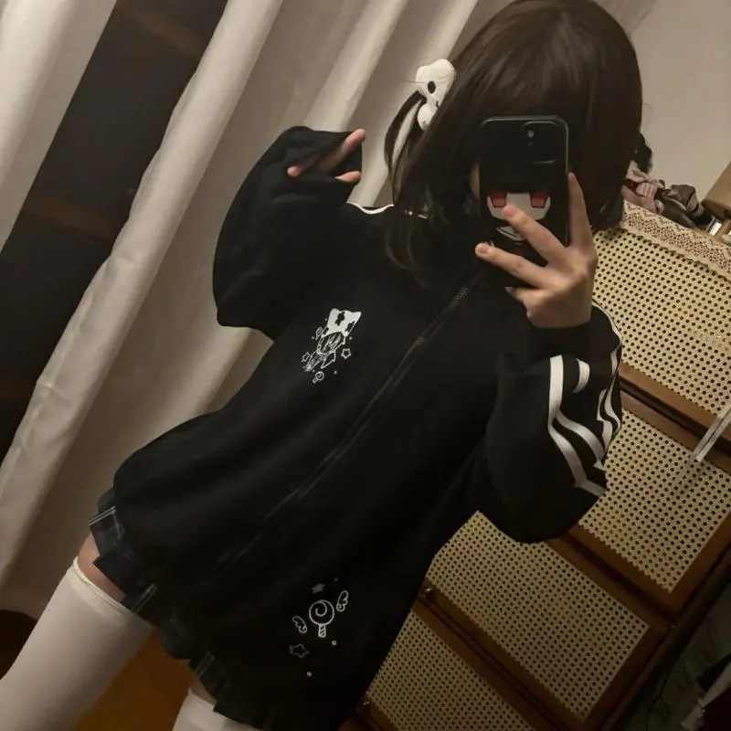 Preppy Style Fashion Cute Japanese Zip Up Cardigan Harajuku Punk Grunge Loose Turn Down Collar Hoodies Casual Sweatshirts