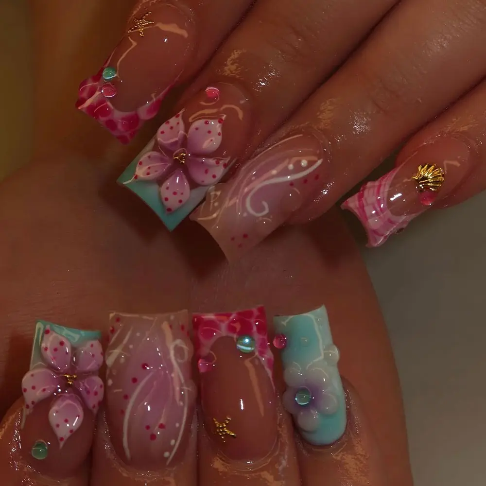 24pcs 3D Gel Nail Art Set, Ocean & Hibiscus Design, Square French Tips, Acrylic False Nails, Includes Adhesive & File, Perfect for Daily Use & Parties