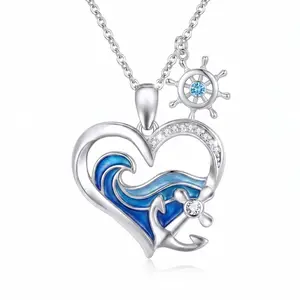Nautical Wave Anchor Motif Necklace, Plated Heart-Shaped Pendant with Aquamarine Accent, Coastal Beach Theme Wear Jewelry for Women