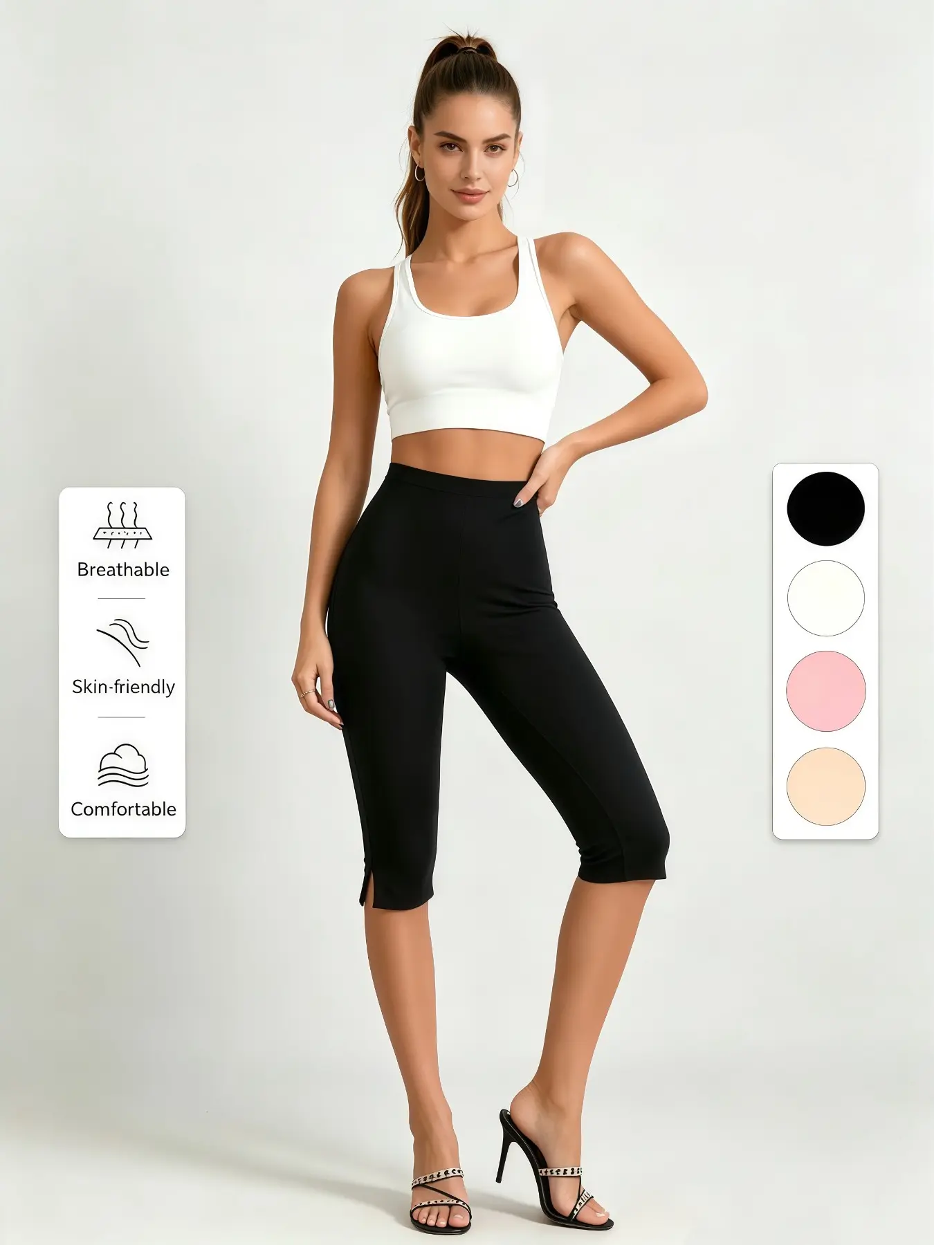 American Style Plain Split Fitted Capri Pants, High Waist Butt Lifting Skinny Jeans, European and American Fashion Slimming Pencil Pants, Basic Bottoms