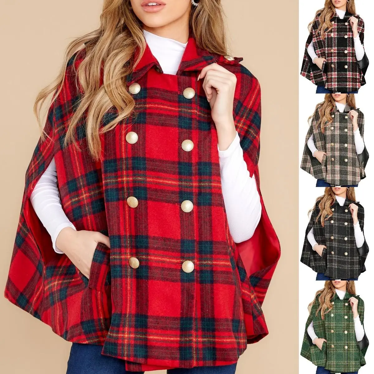 Goranbon Women's Plaid Poncho - Turn-Down Collar, Double-Breasted Button-Down Cape Coat with Pockets, White - School & Stylish Shawl-Inspired Tops, Cardigans