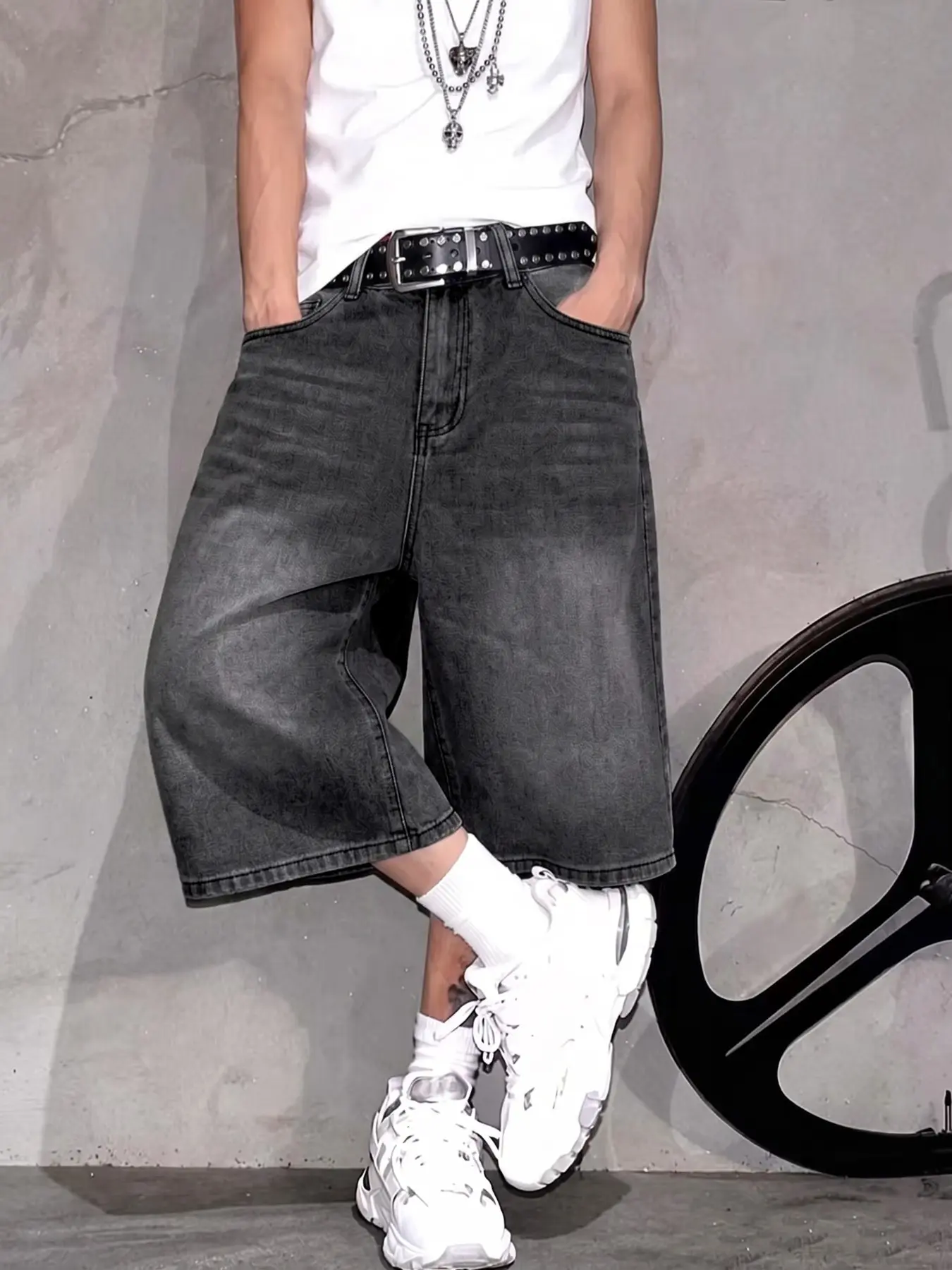 Men's Vintage Classic Loose Fit Jeans Shorts Y2K Mid-Knee Wide Leg Straight Jean Pants, Retro Streetwear Casual Summer Denim Shorts
