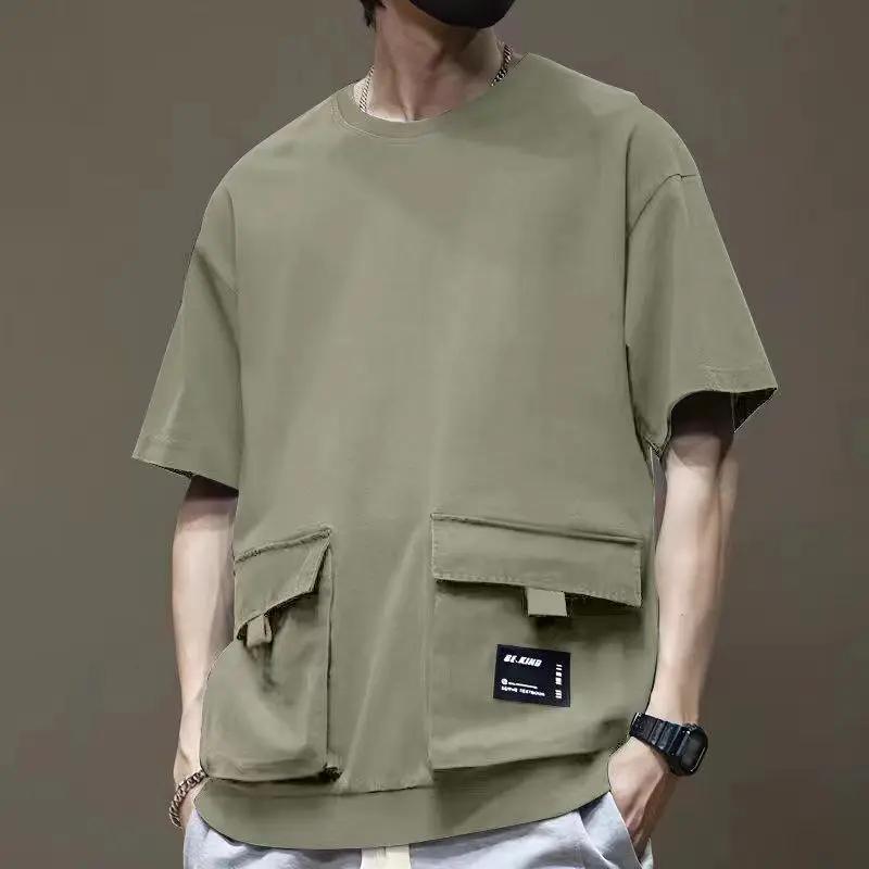 Kyn Apparel Men Cargo Short Sleeve T-shirt Cotton Round Collar Sports Pocket Running Tee High Street Dropped Shoulder Half Sleeve T-Shirts