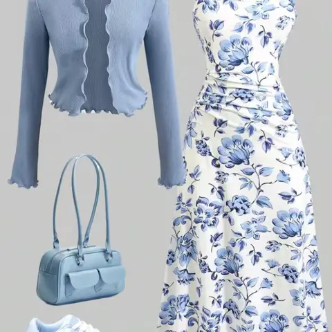 Women's Elegant Knit Cardigan and Slim-Fitting Cami Dress Two-Piece Set for All Seasons, All-Over Floral Print, Unlined