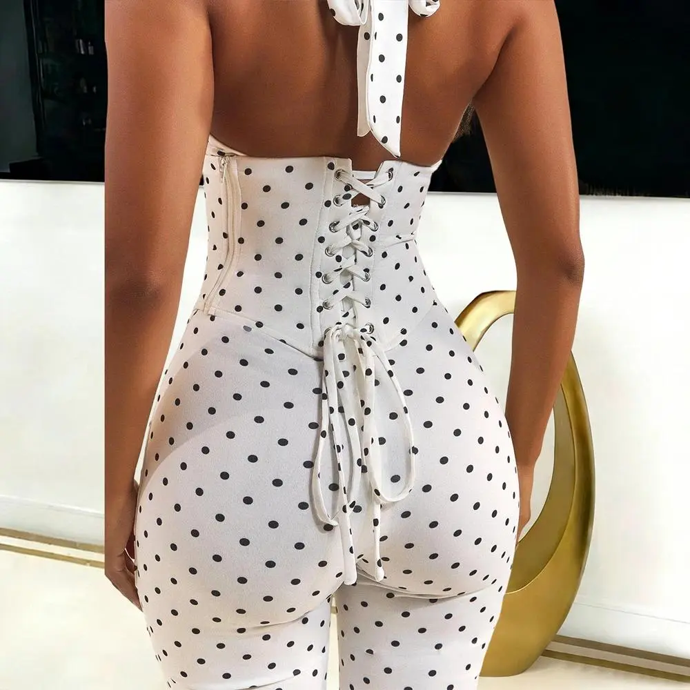 2026 Fashion Summer Women's Jumpsuit with Zipper Halter Backless Romper Polka Dot Print Lace-up Slim Sleeveless Playsuit Outfit