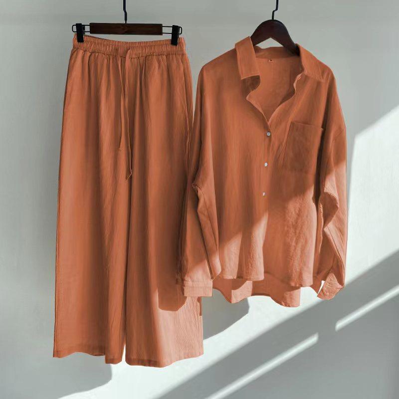 Ms. Xun's 2-piece Retro Plus Size 2026 Cotton Linen Shirt Set with High-waisted Loose Trousers
