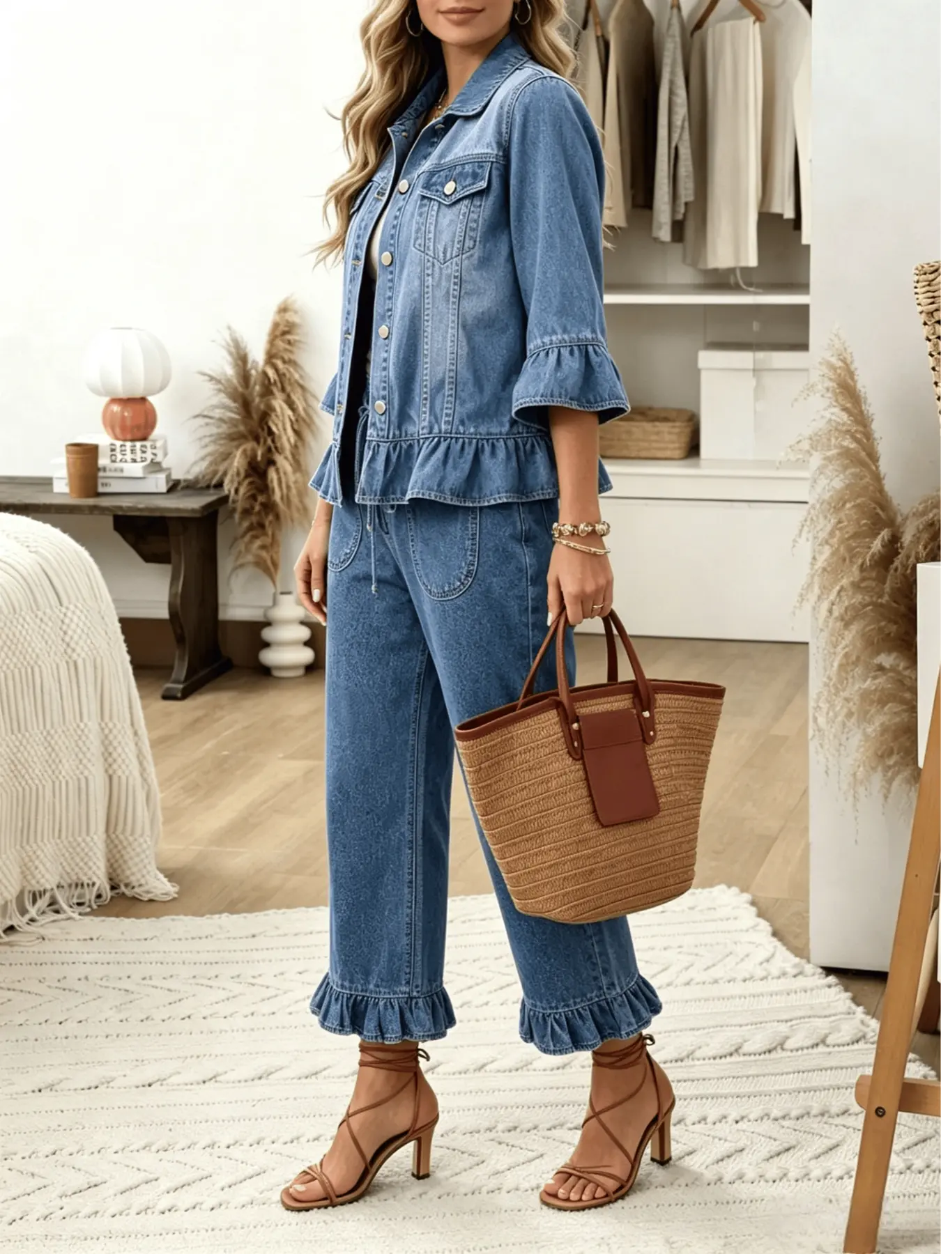 Ruffled Denim Two-Piece Set, Turn-Down Collar Three-Quarter Sleeve Jacket + Elastic Drawstring Waist Nine-Inch Wide Leg Pants