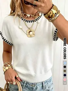 Women's Fashion Knit Loose Tank Top, Colorblock Binding Drop Shoulder Sleeve, Medium Stretch Round Neck, Regular Length, Casual Fall Style