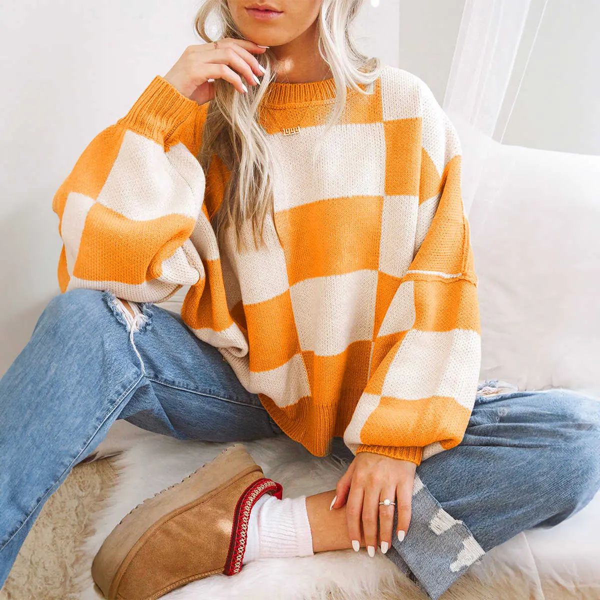 Women's Orange Checkered Sweater - Bishop Sleeve Knit Pullover Top Checkered Bishop Sleeve Sweater