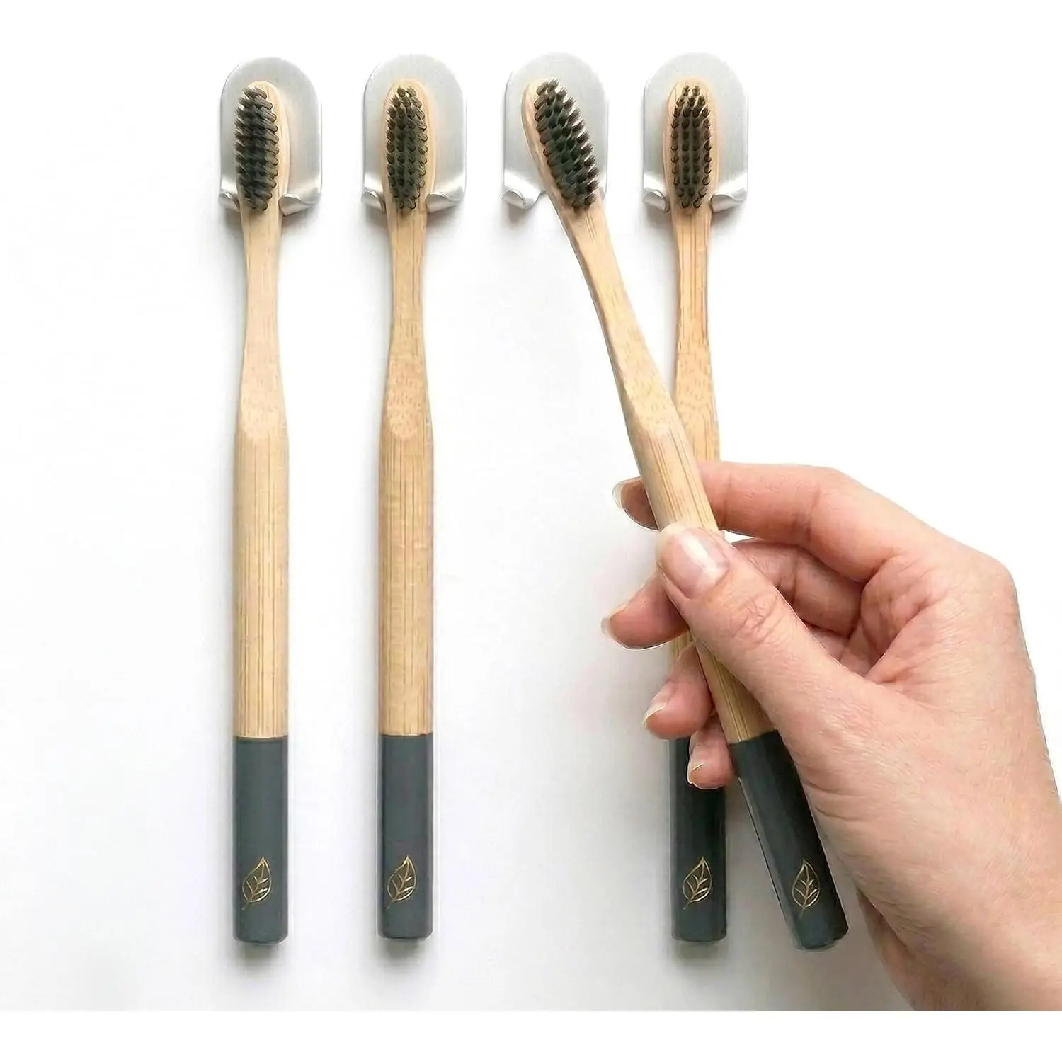 Minimalist Modern Low Profile Bathroom Toothbrush Holder Organiser - Set of 4 Self-Adhesive Wall-Mounted Clips, Anodized Finish for Quick-Dry Storage, No Drilling Required, Bathroom Clips