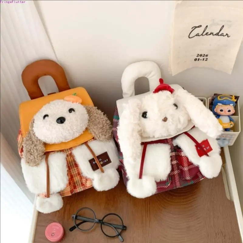 Cute Plush Puppy-Head Flap Backpack for Girls, Stylish Cartoon Plaid Casual Daypack, Soft Aesthetic Teen Student School Bag for Campus, Daily Outings, Shopping & Weekend Casual Use
