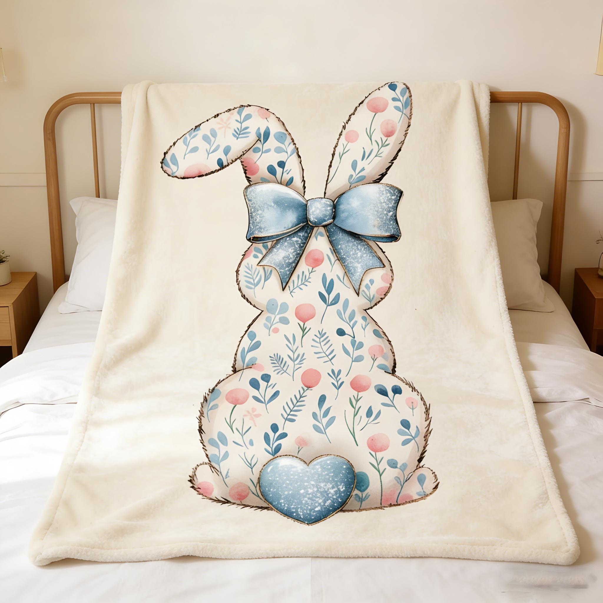 2026 New Flannel cartoon style Easter Bunny Butt Blanket with Blue Bow, Aesthetic Floral Rabbit Flannel Blanket, Warm Cozy Home Decor for Spring Applies to Super soft  decorative sofa/sofa/bedroom