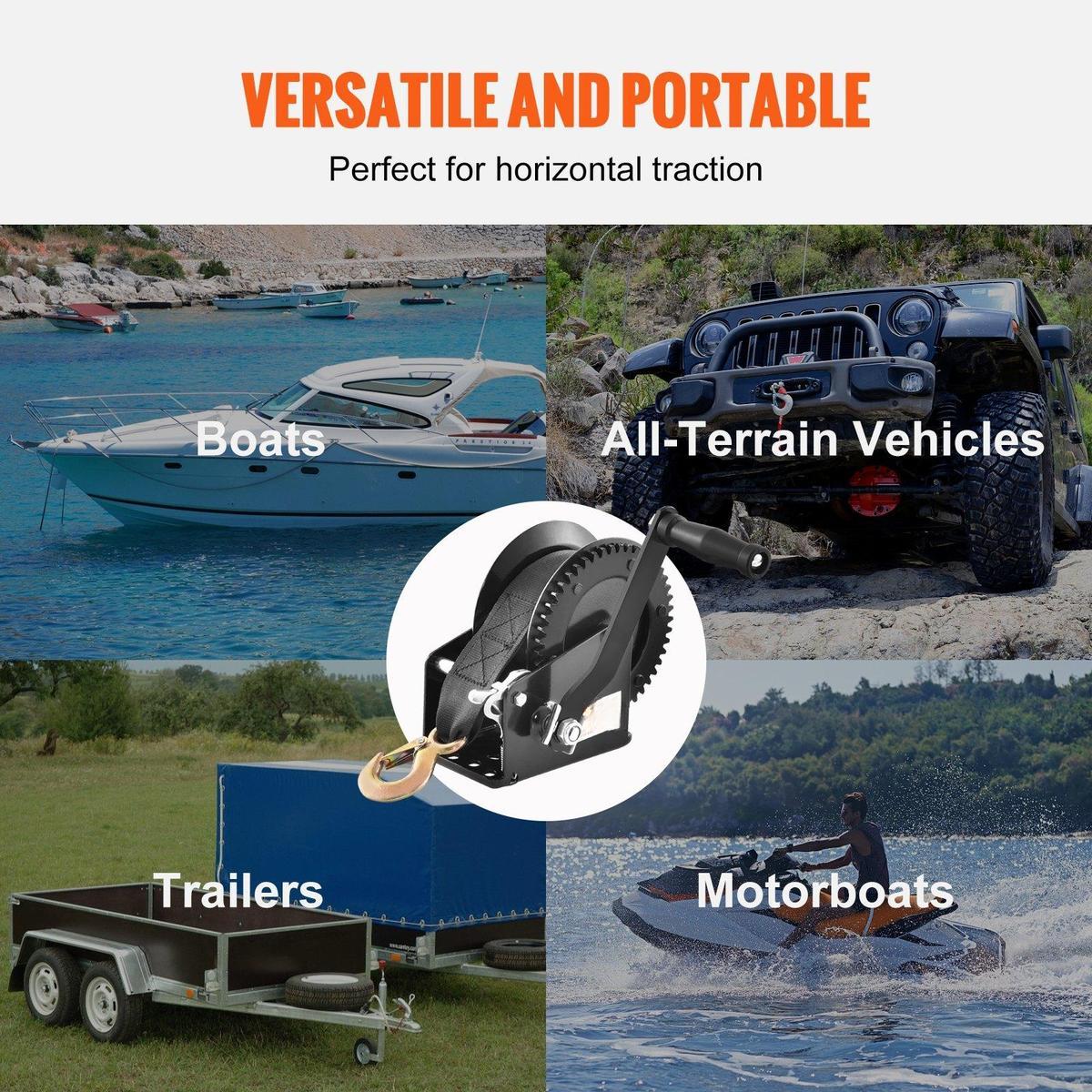 Hand Winch1600 lbs Pulling Capacity, Boat Trailer Winch Heavy Duty Rope Crank with 33 ft Polyester Strap and Two-Way Ratchet, Manual Operated Hand Crank Winch for Trailer, Boat or ATV Towing