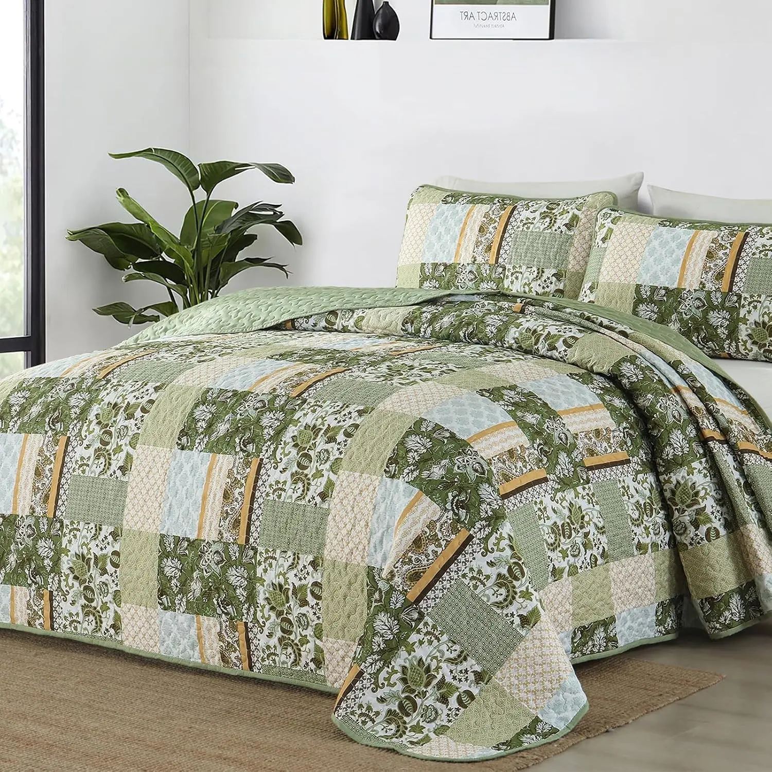 WONGS BEDDING Quilt Set Queen Size, Green Patchwork Bedspread with 2 Shams | 3 Pieces Plaid Bedspread Coverlet Set, Floral Soft Microfiber Reversible Bedding Set for All Season(96"×90")