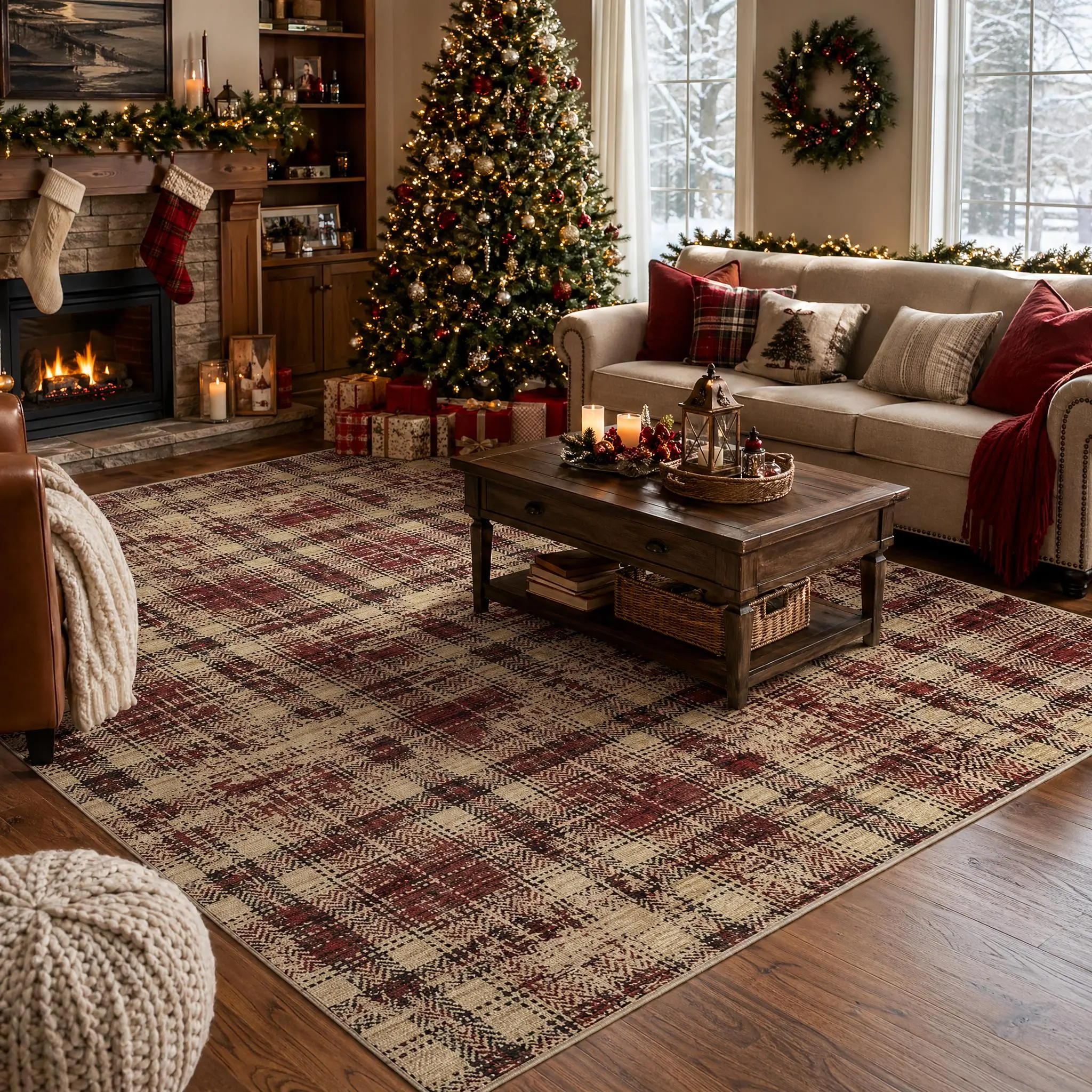 Classic Distressed Vintage Plaid Ultra-Thin Low-Pile Polyester Anti-Slip Area Rug, Machine-Washable Soft Durable Pet-Friendly Holiday Decor Floor Mat for Farmhouse Living Room & Kitchen, Anti-Slip Area Rugs