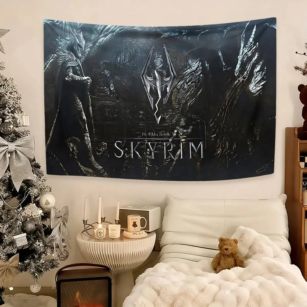 Dark Fantasy Warrior Tapestry, Armored Figures with Dragon Emblem, Shadowy Fortress and Black Silver Medieval Game Art Wall Hanging for Bedroom Living Room Game Room Studio, Gothic Home Decor, Peach Skin Fabric, Multiple Sizes Available