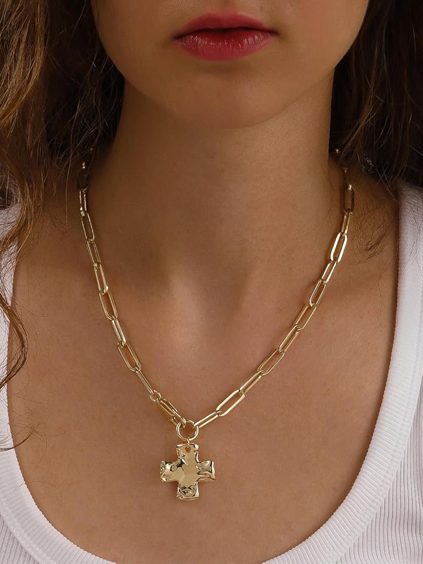 Chunky Cross Necklace for Women Trendy Gold Silver Layered Statement Cross Chain Design Pendant Charm Necklace Vintage Paperclip Herringbone Snake Choker Chain Costume Jewelry Set Gift Non Tarnish