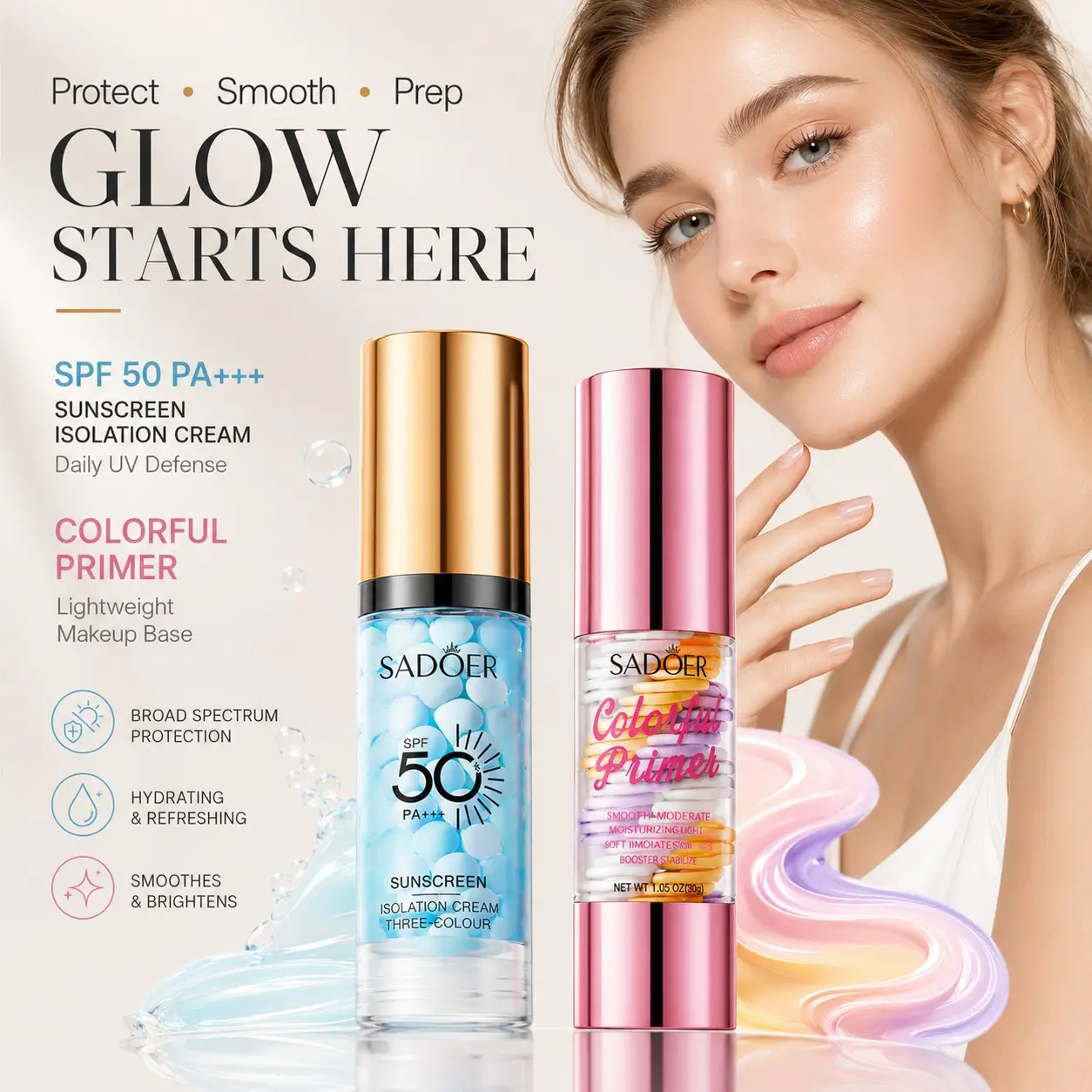 Three-In-One Sunscreen Primer, SPF 50+ Pa+++, Color Correcting Foundation, Oil Control, Moisturizing, Invisible Pores, Even Skin Tone