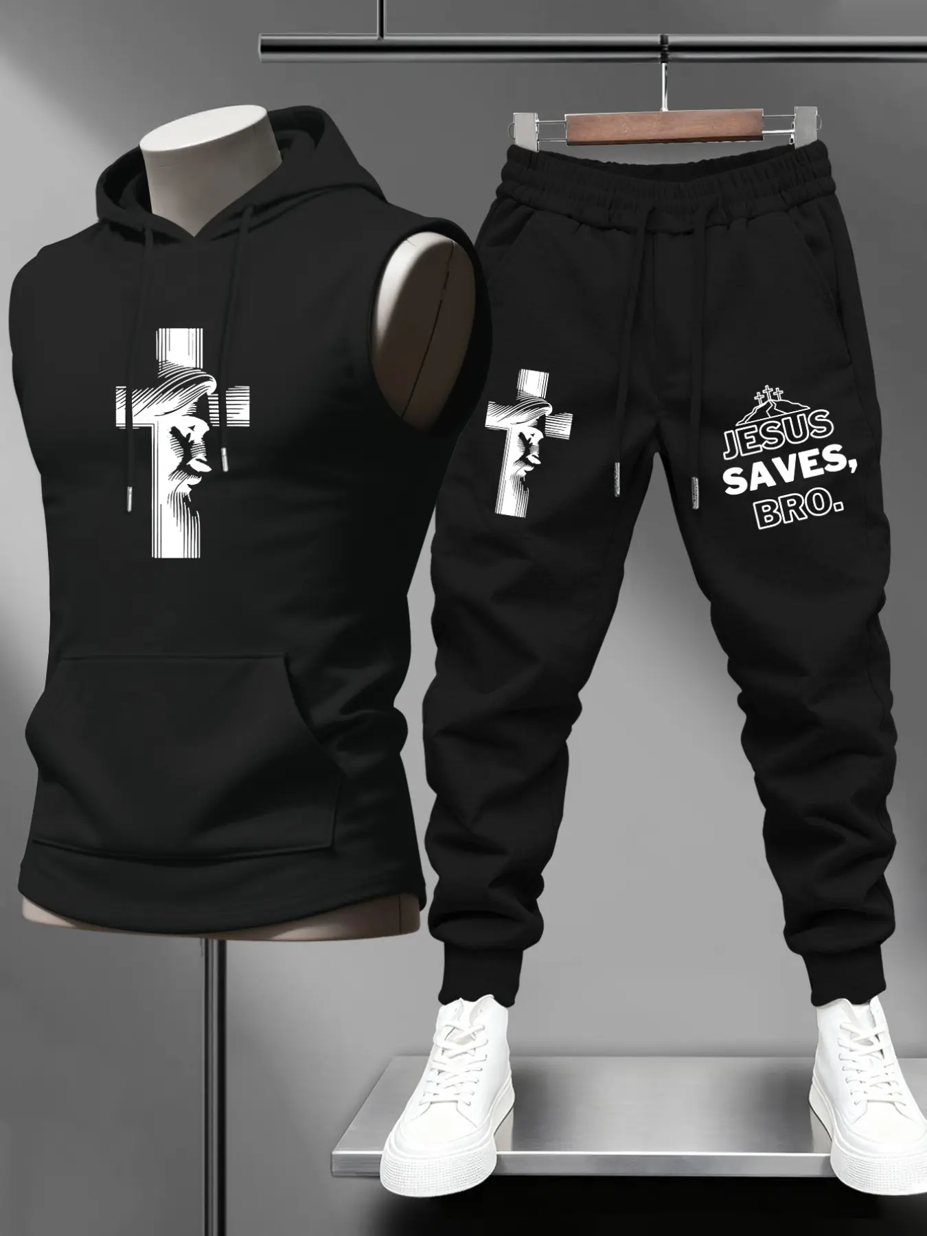 Men's Fashion Hooded Vest Long Pants Set, Jesus Theme Print Jesus Saves Simple Cross Pattern, Casual Sporty Style, Perfect Gift