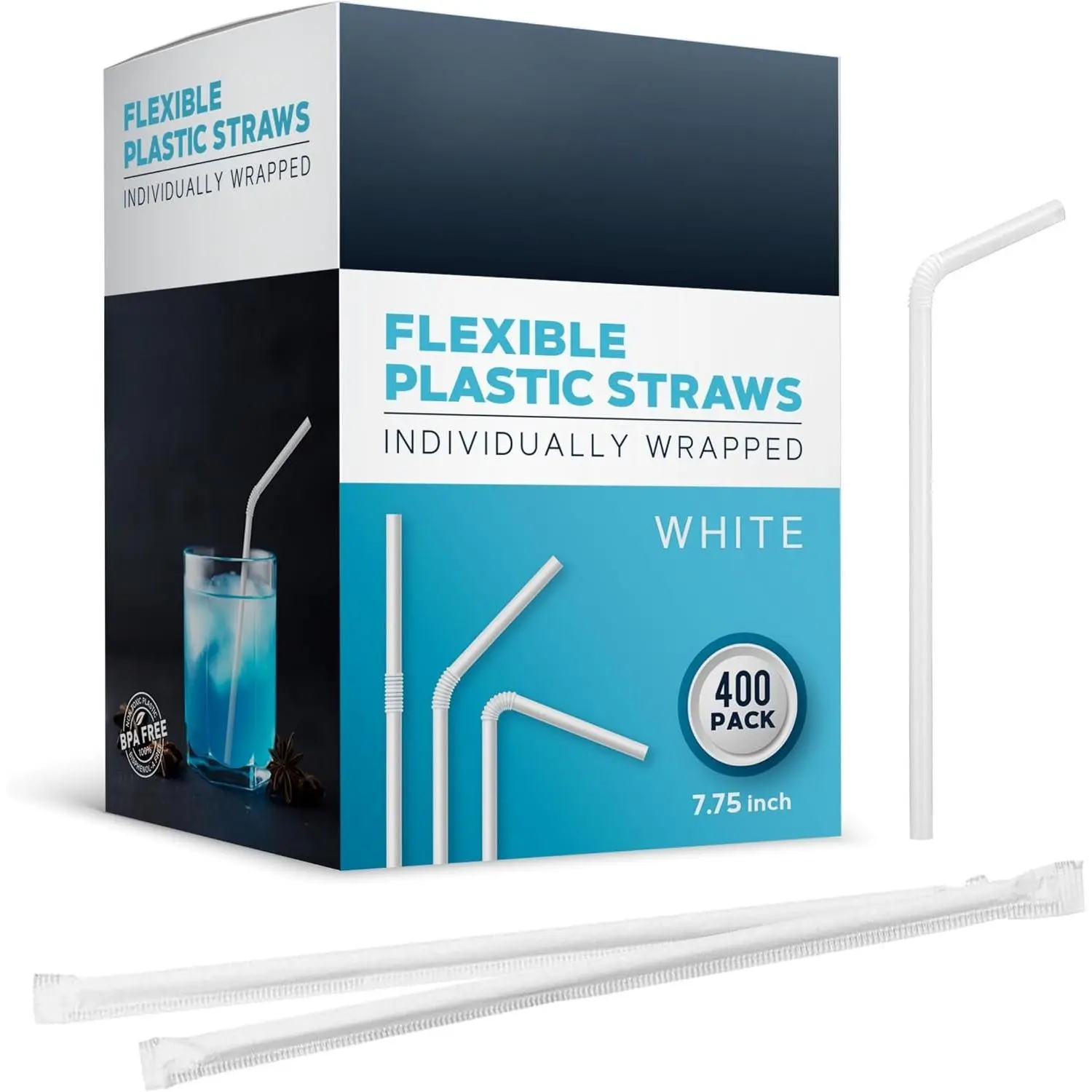 Flexible Plastic Bent Straws 7.75 in,Individually Wrapped,,400