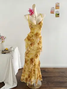Viral 90S Retro Vintage Floral Print Chiffon Maxi Dress - Ruffled Mermaid Hem, Cross Backless Spaghetti Strap, Slim Fit Bodycon Gown for Summer Vacation, Beach Party & Wedding Guest