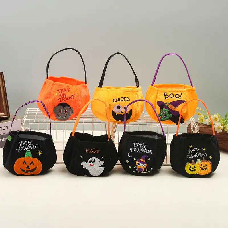 Halloween Trick or Treat Bucket for Kids, Viral Felt Pumpkin Candy Tote with Embroidered Ghost, Witch and Monster Designs, Reusable Plush Treat Bag with Flexible Handle for Toddler Halloween Party, Classroom, Holiday Gift summerwins