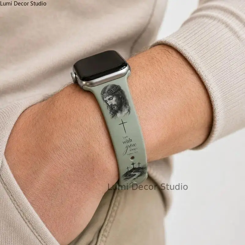 Jesus Cross Print Silicone Smartwatch Replacement Band Unisex Adjustable One Size Christian Religious Accessory Daily Wear Inspirational Birthday Gift For Faith Friends