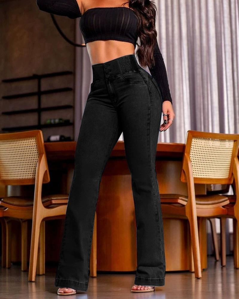 2025 European and American Cross-border Elastic Waist High Waist Stretch Tight Flared Butt-lifting Denim Pants Jeans Girl Womenswear Basic Black 2025 European and American Cross-border Elastic Waist High Waist Stretch Tight Flared Butt-lifting Denim Pants Jeans Girl Womenswear Basic Black